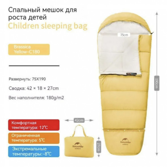 Спальный мешок Naturehike C180 (190x75см), желтый во Владивостоке